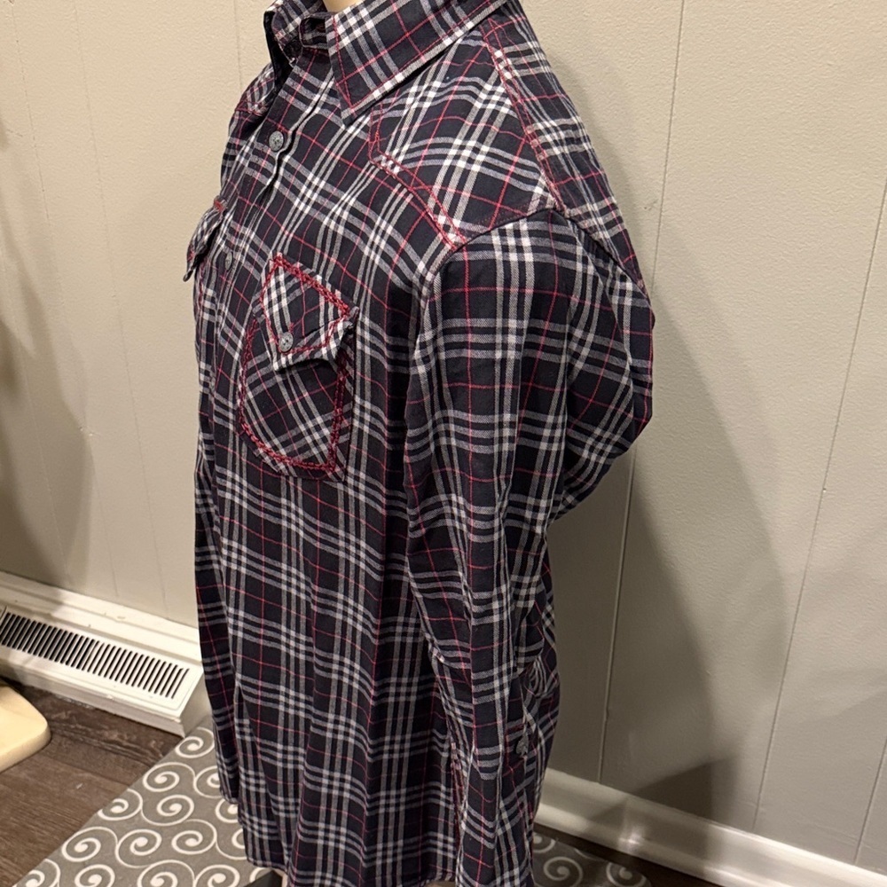 E 191 Unlimited Men's Plaid Button Down Shirt - Navy, Red, and White Business - Picture 5 of 7